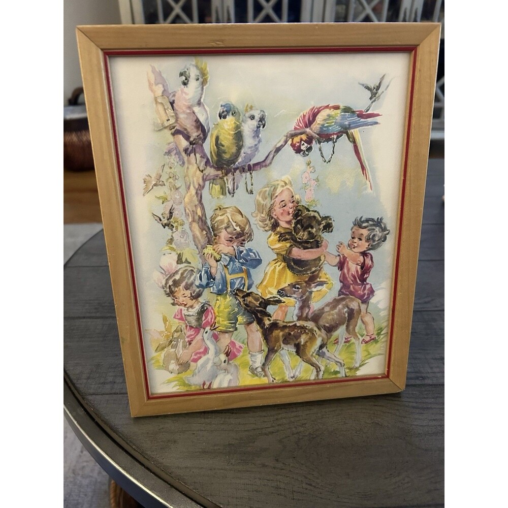 Vintage 1959 Donald Art Company children's nursery decor print. Wood Frame .